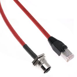 Ethernet, Shielded, Receptacle, 4 Pole, M12 D-Coded Female Straight (IP69) / Shielded RJ45 Plug (IP20), 1M, Red, TPE, PG9, Back Mount, Nickel Plated Brass
