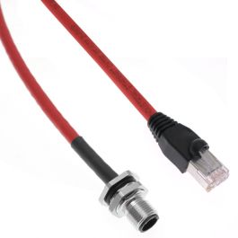Ethernet, Shielded, Continuous Flex, Receptacle, 4 Pole, M12 D-Coded Male Straight (IP69) / Shielded RJ45 Plug (IP20), 2M, PG9, Red, TPE, Back Mount, Nickel Plated Brass