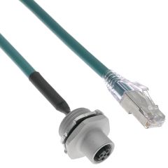 Ethernet, Receptacle, Shielded Cable, Not shielded to coupling nut, 4 Pole, M12 D-Coded Female Straight (IP69) / Shielded RJ45 Plug (IP20), 2 M, .5-NPT, Front Mount, Aluminum, Teal, PUR